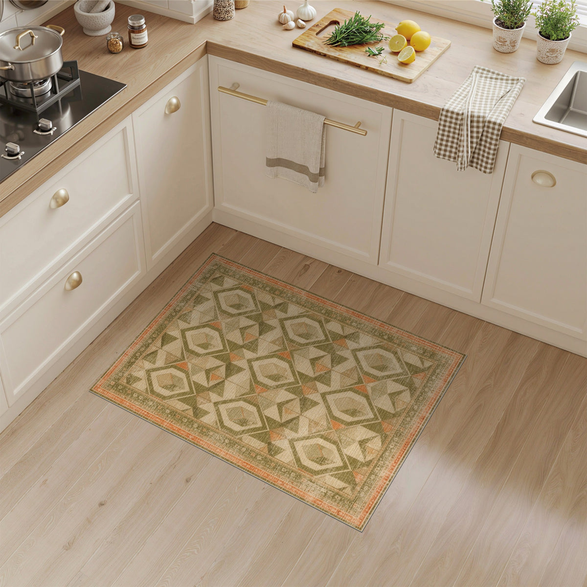 Distressed Green Geometric Diamond Area Rug