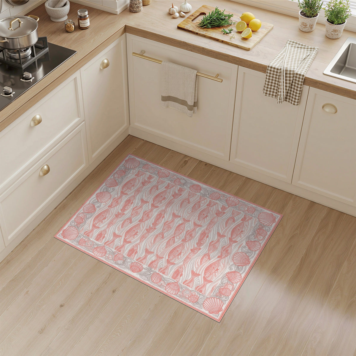 Pink Fish and Seashell Washable Area Rug