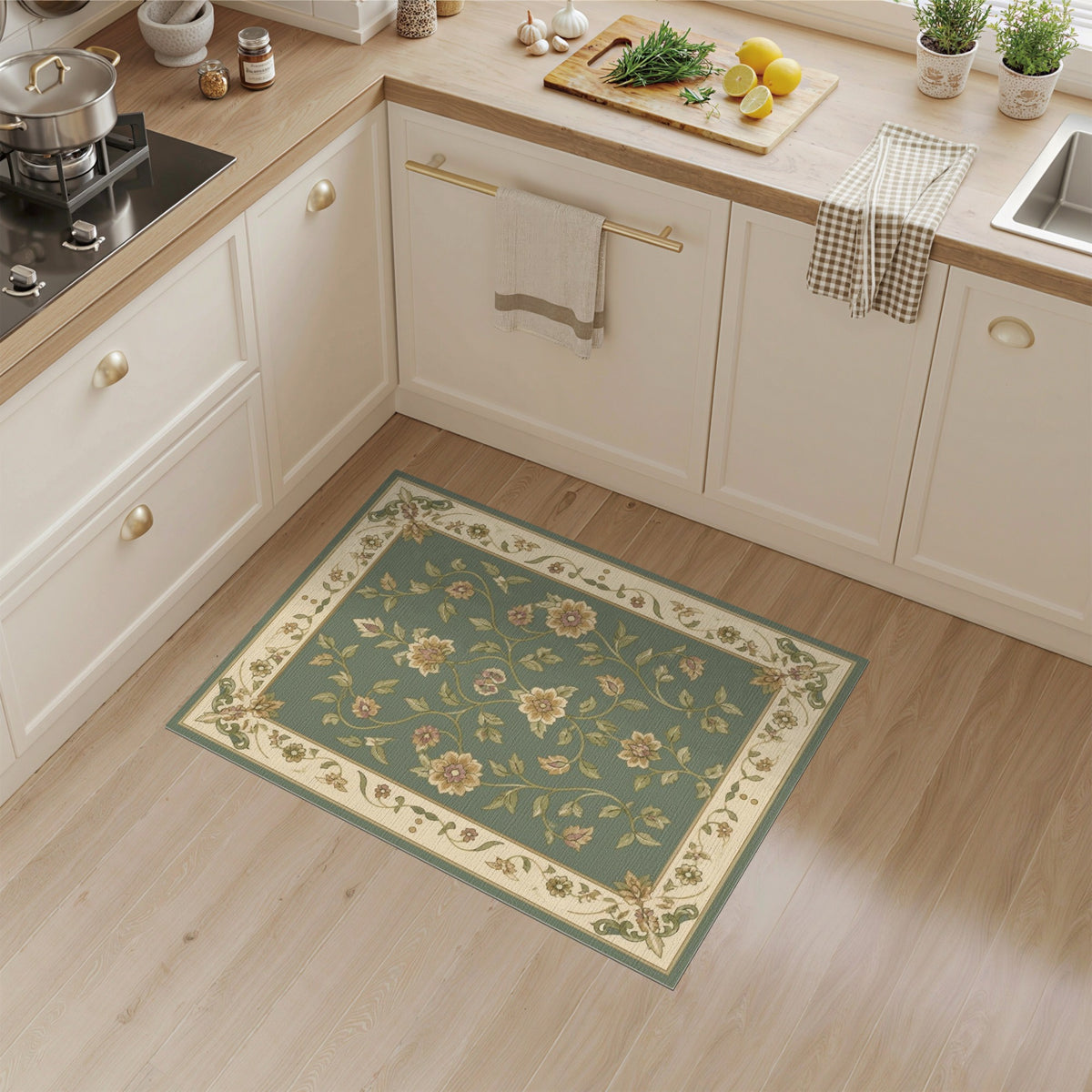Green Floral Vintage Area Rug