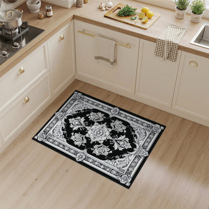 Black White Ornate Floral Vintage Rug