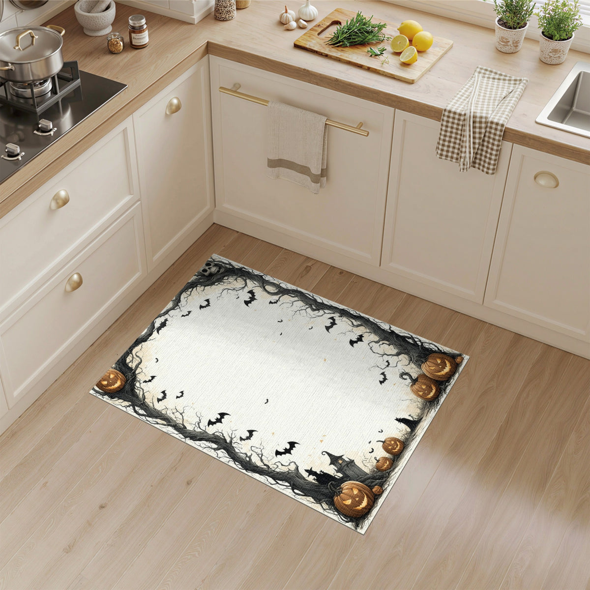 Spooky Halloween Pumpkin Bat Border Area Rug