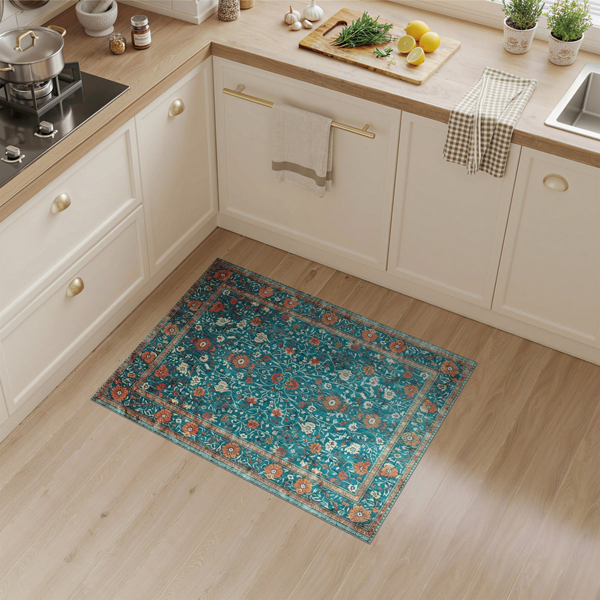 Teal Floral Vintage Area Rug