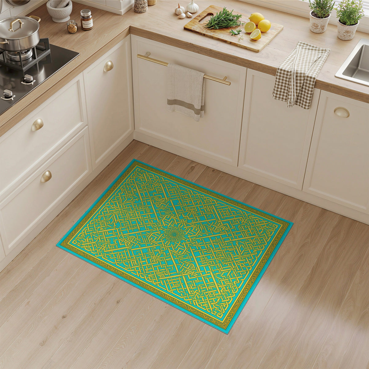 Blue and Teal Geometric Interlock Area Rug