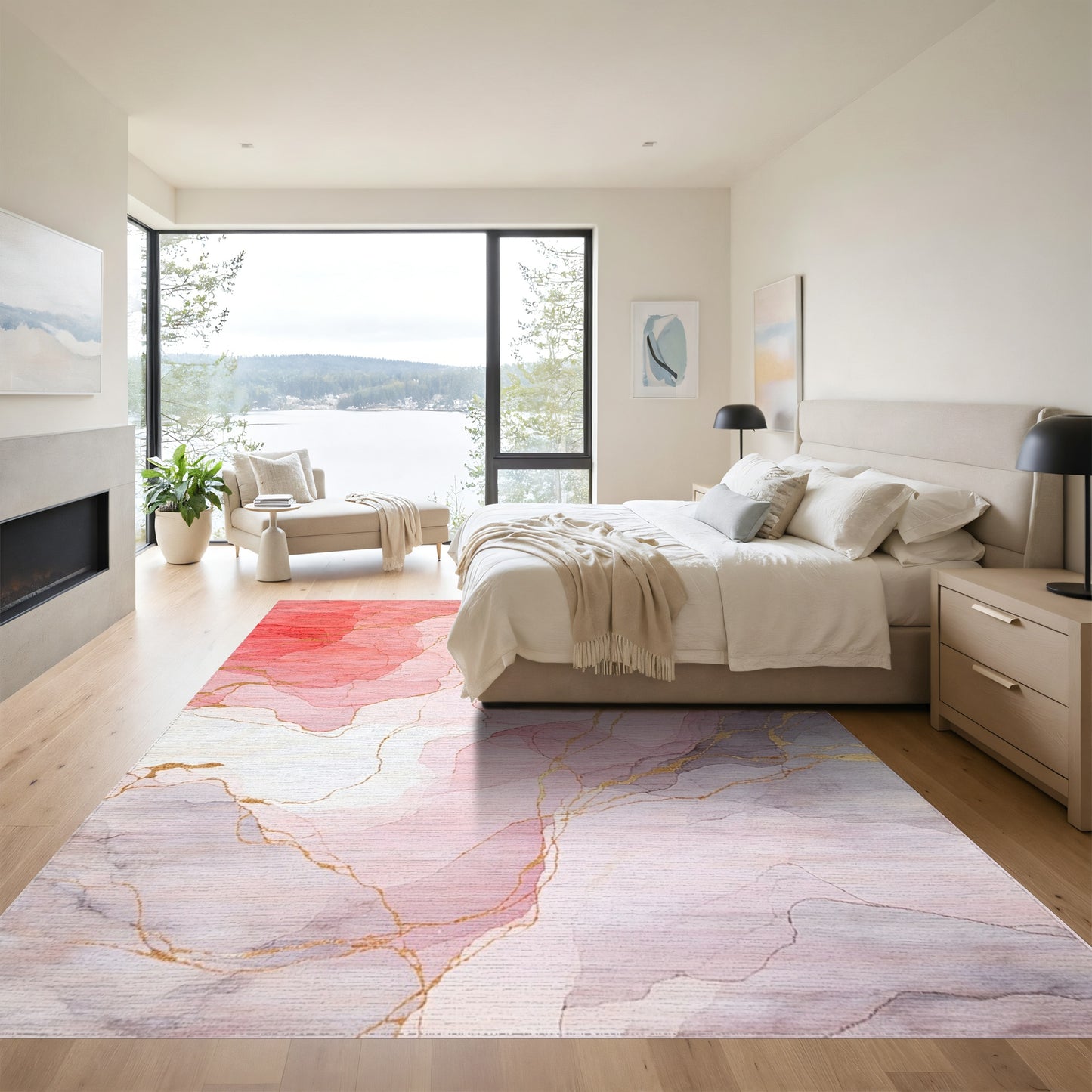 Abstract Blush Gold Veins Rug