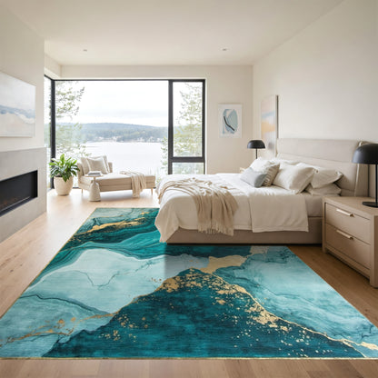 Teal Marble Gold Vein Rug