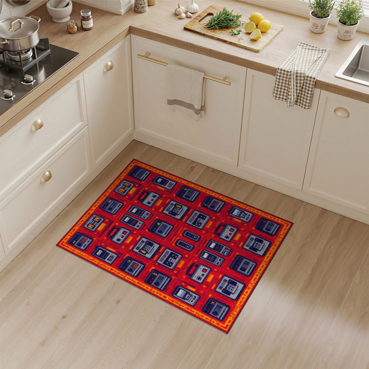 Retro Cassette Grid Red Washable Area Rug