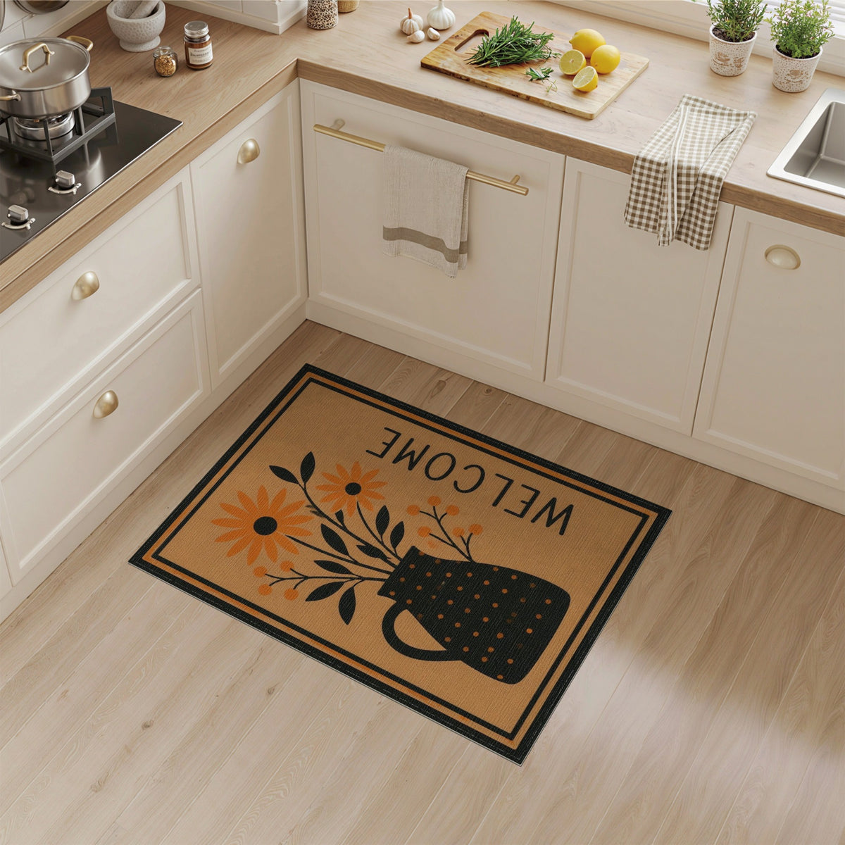 Orange Daisy Pitcher Welcome Area Rug