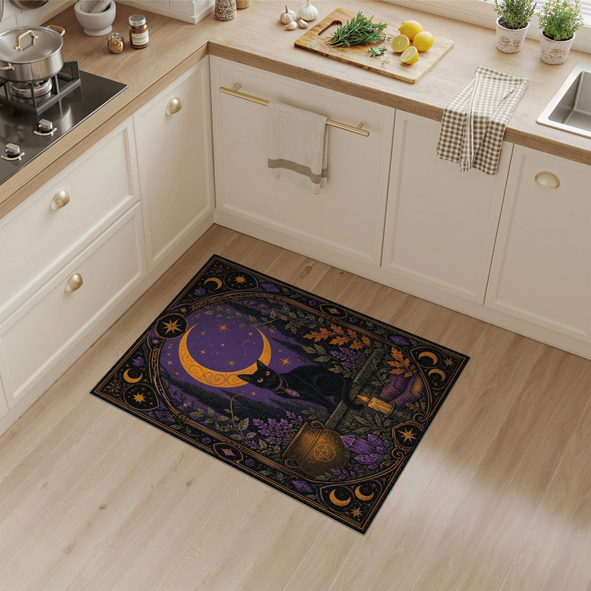 Mystical Black Cat Purple Moon Area Rug