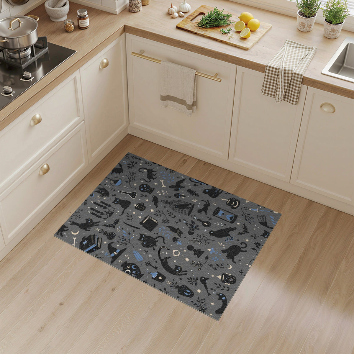 Mystical Black Cat Grey Washable Area Rug