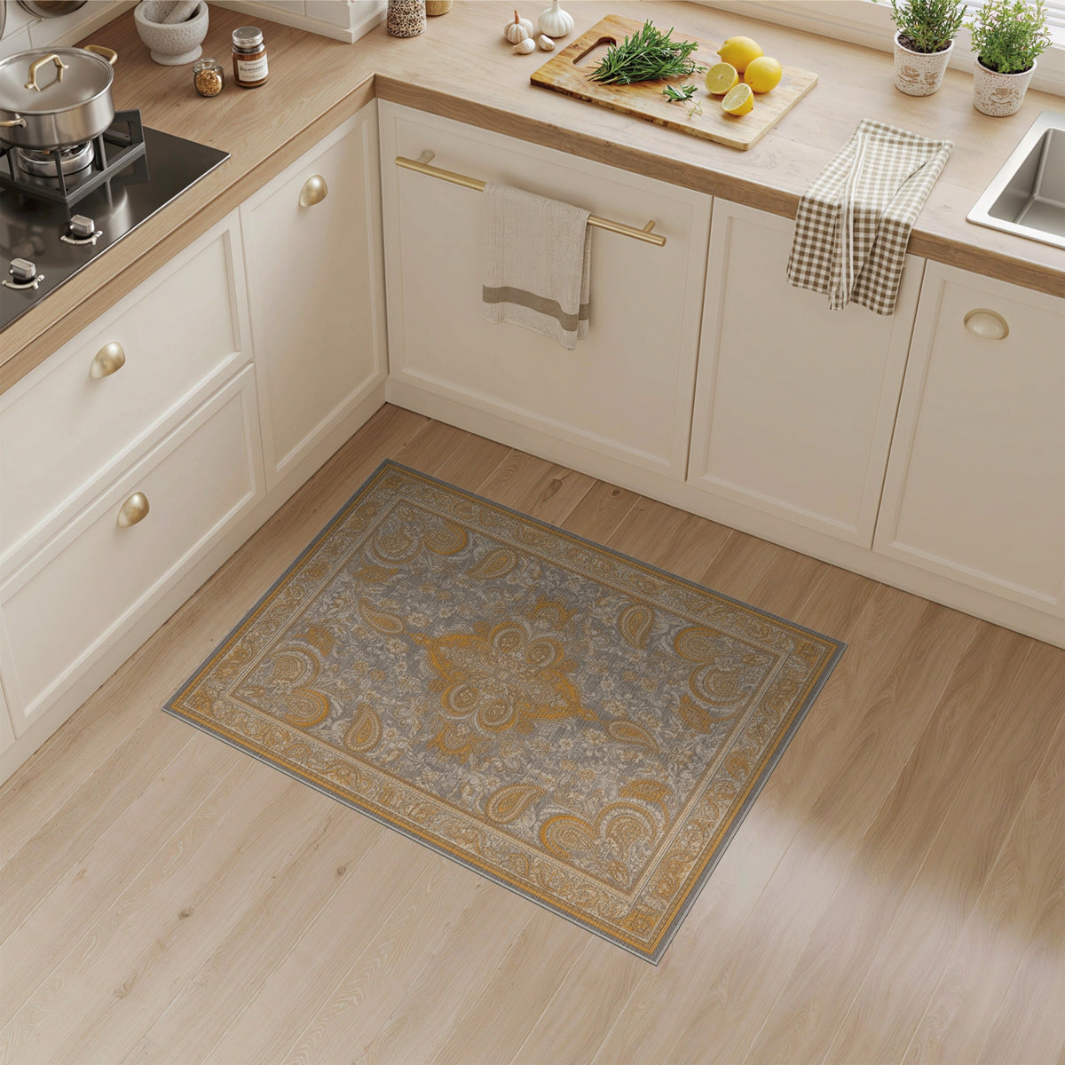 Grey Gold Medallion Paisley Area Rug
