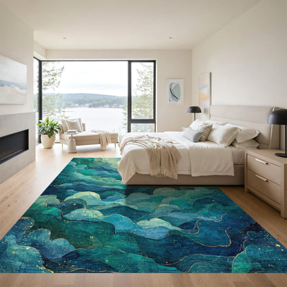 Teal Layered Clouds Moon Sparkle Rug