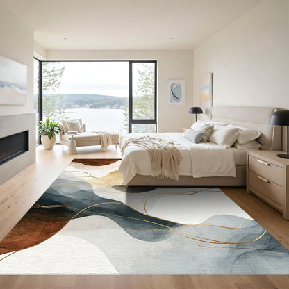 Abstract Gold Wavy Rust Navy Rug