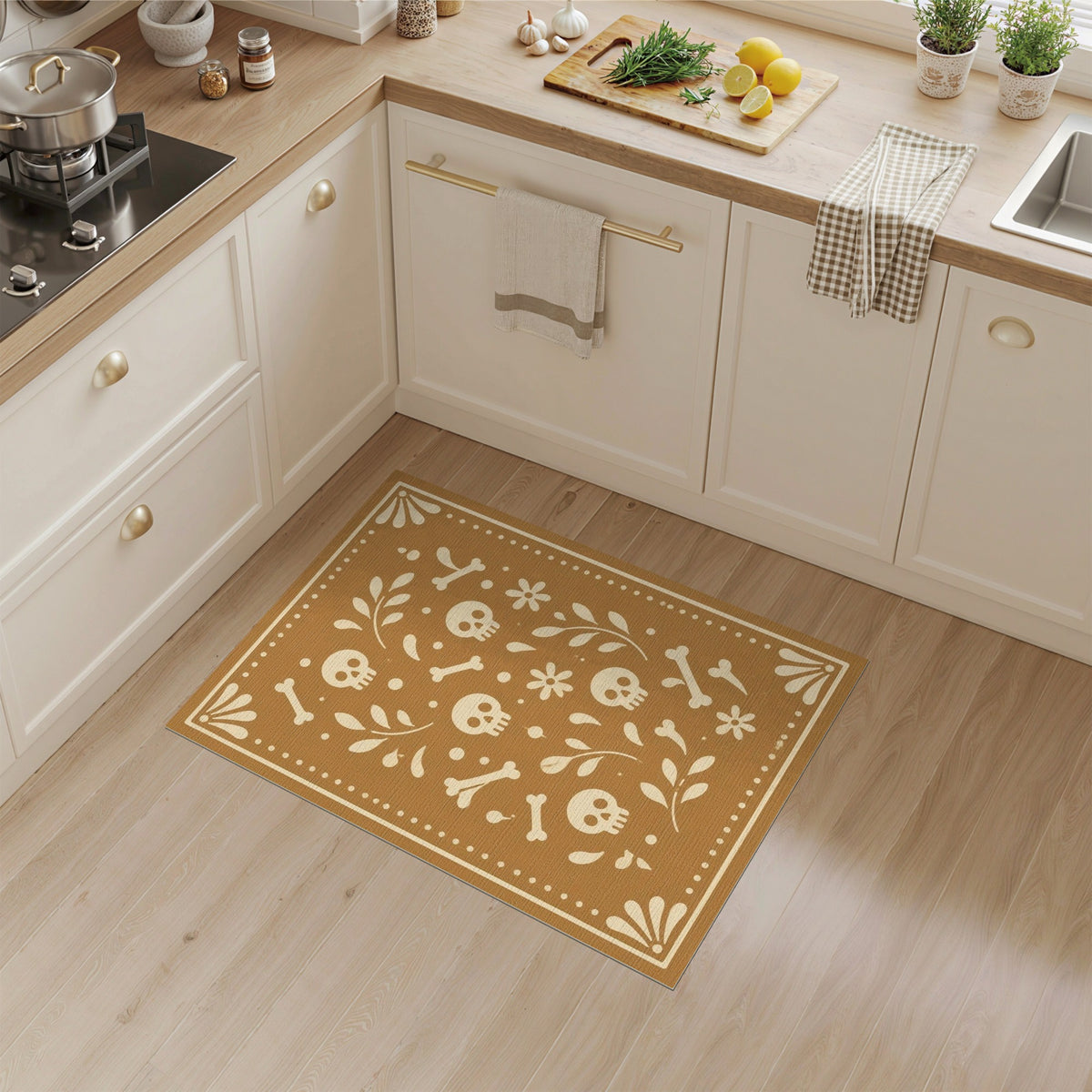 Brown Skull Floral Washable Area Rug