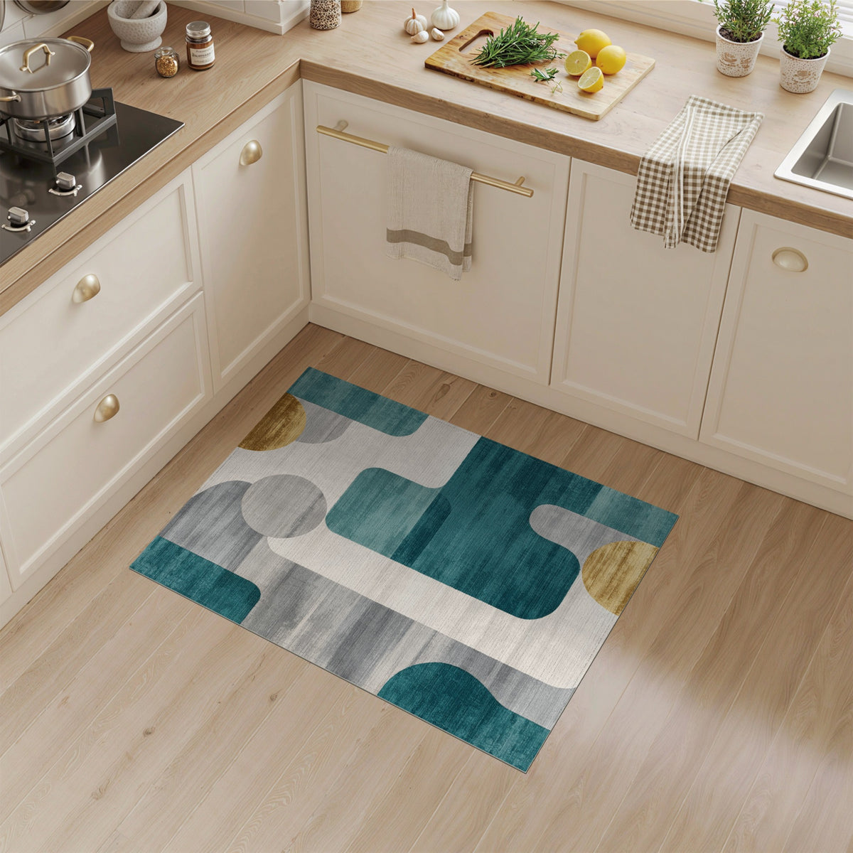 Teal Geometric Area Rug with Gold Accents