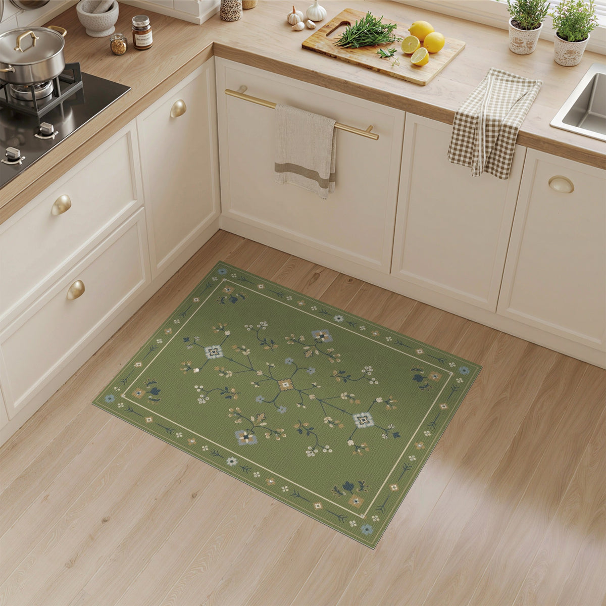 Green Floral Vintage Area Rug