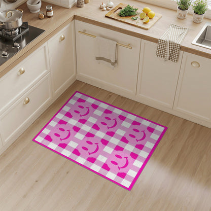 Pink Smiley Face Gingham Washable Area Rug