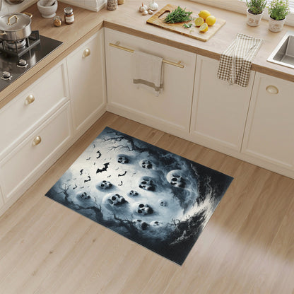 Eerie Skulls and Bats Black White Area Rug