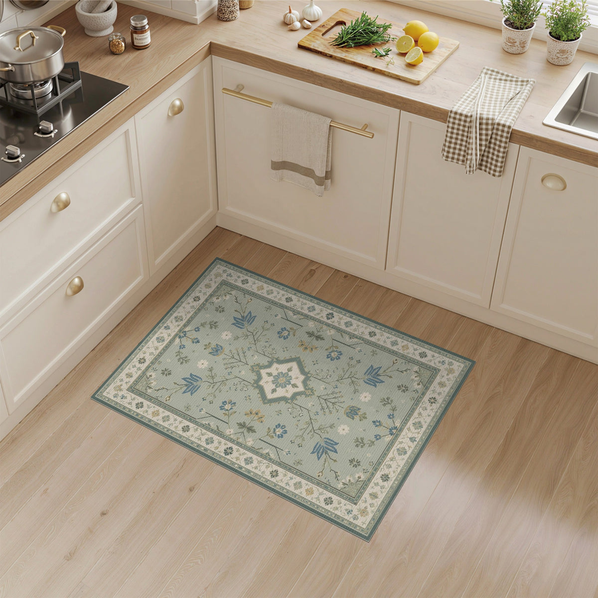 Blue Teal Floral Vintage Area Rug