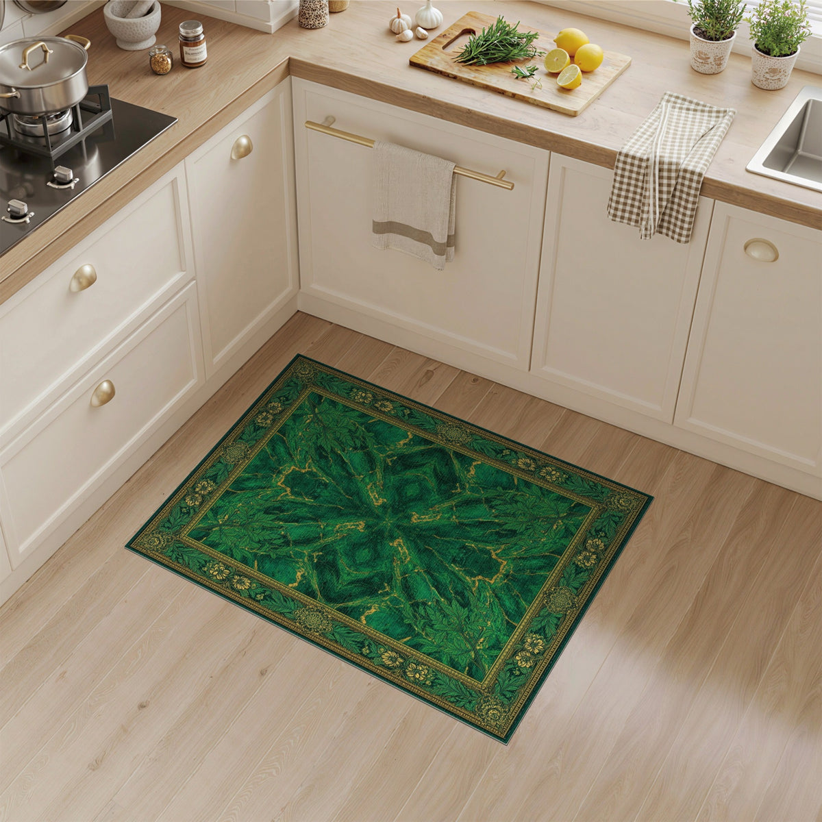 Emerald Green Floral Vintage Area Rug