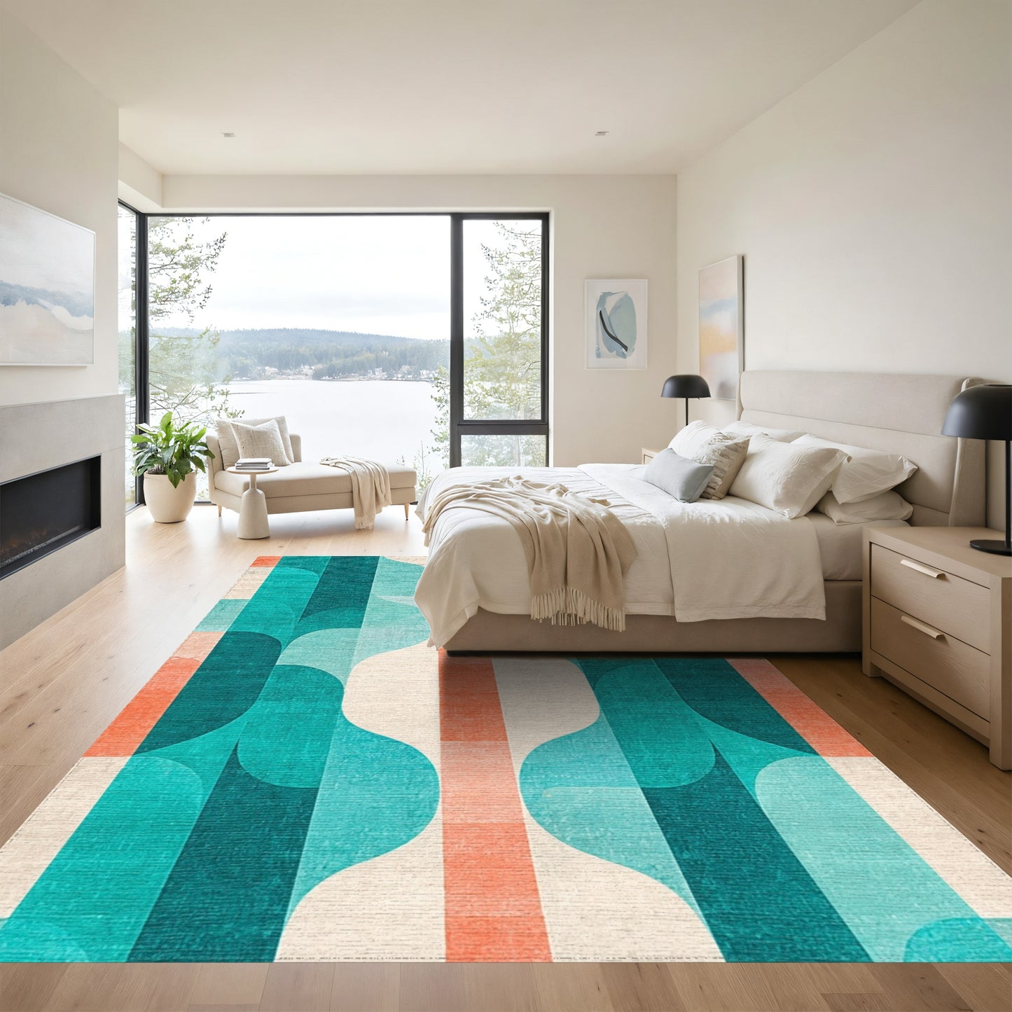 Teal Orange Wavy Geometric Rug