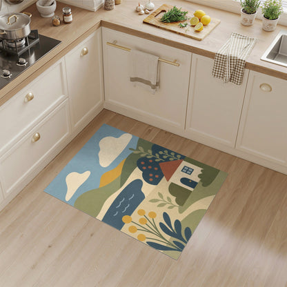 Blue Hillside Cottage Washable Area Rug