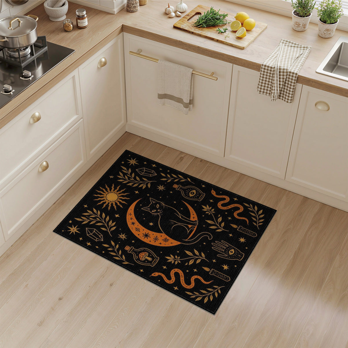 Mystical Cat Crescent Moon Area Rug