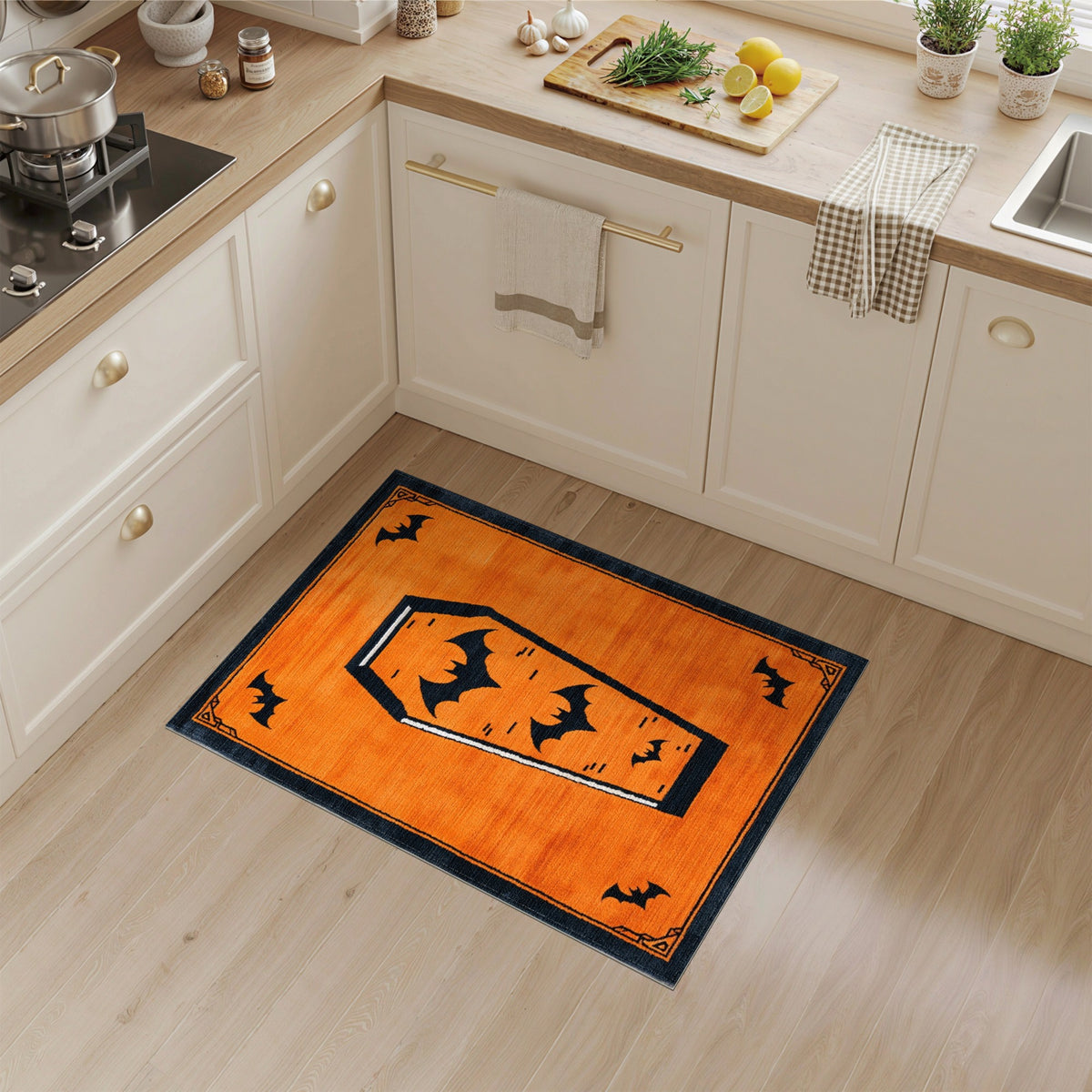 Halloween Orange Coffin Bat Area Rug