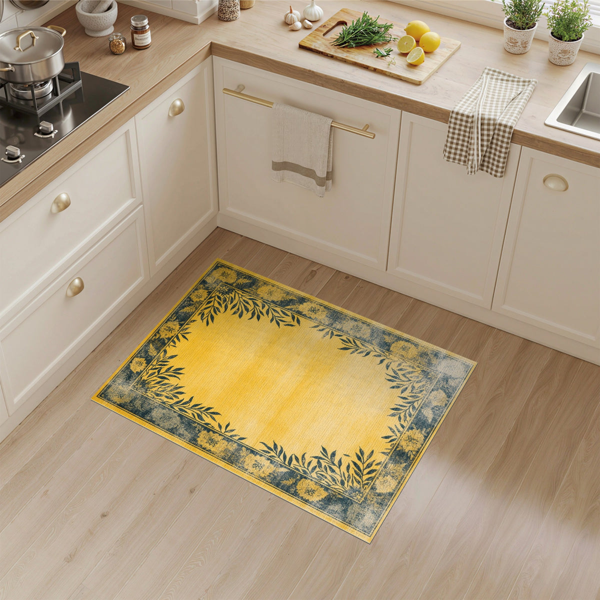 Yellow Floral Vintage Distressed Rug
