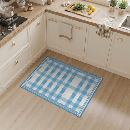 Coastal Beach Blue Gingham Checkered Washable Area Rug