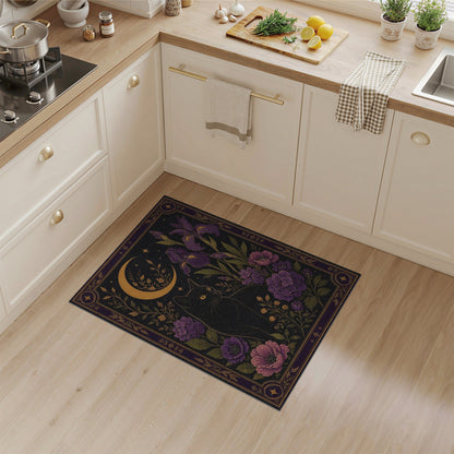Mystical Black Cat Purple Floral Moon Area Rug