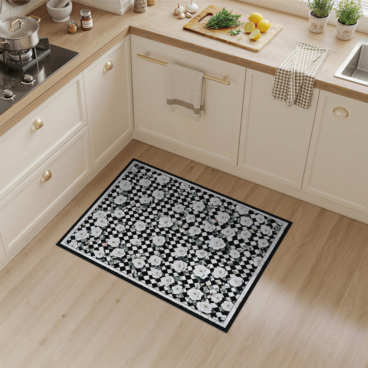 Black and White Black White Rose Checkered Area Rug