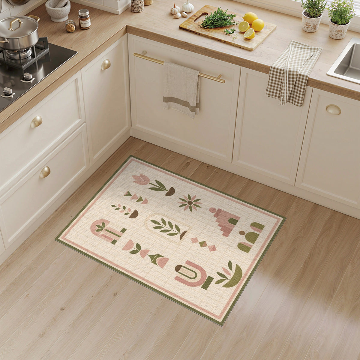 Blush Pink Geometric Plant Motif Area Rug