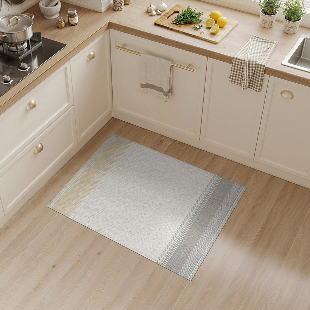 Beige Striped Washable Area Rug