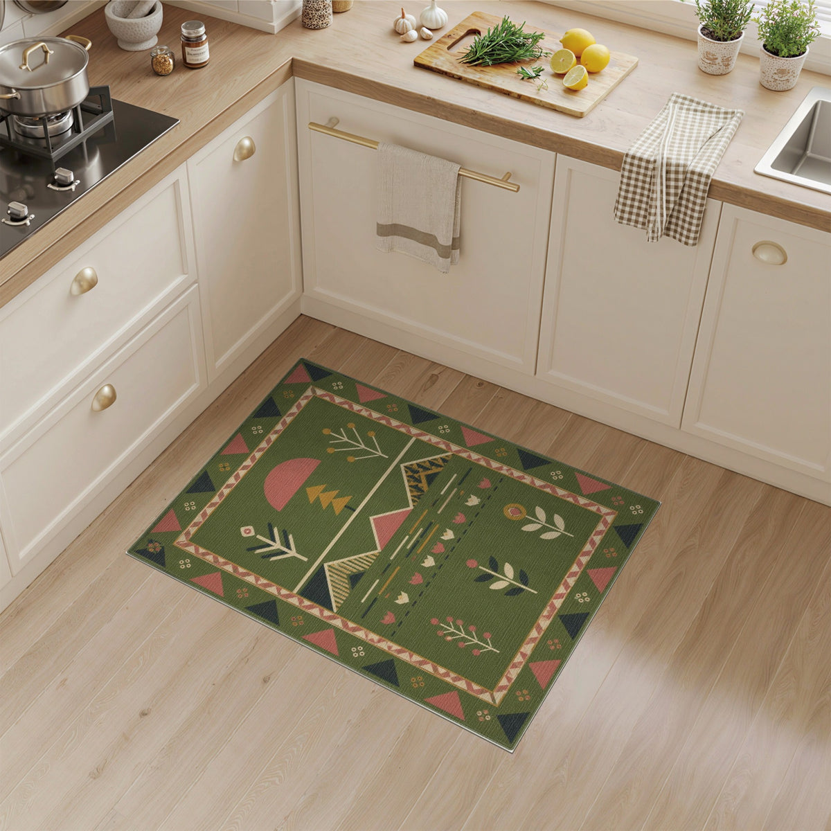 Green Geometric Landscape Area Rug