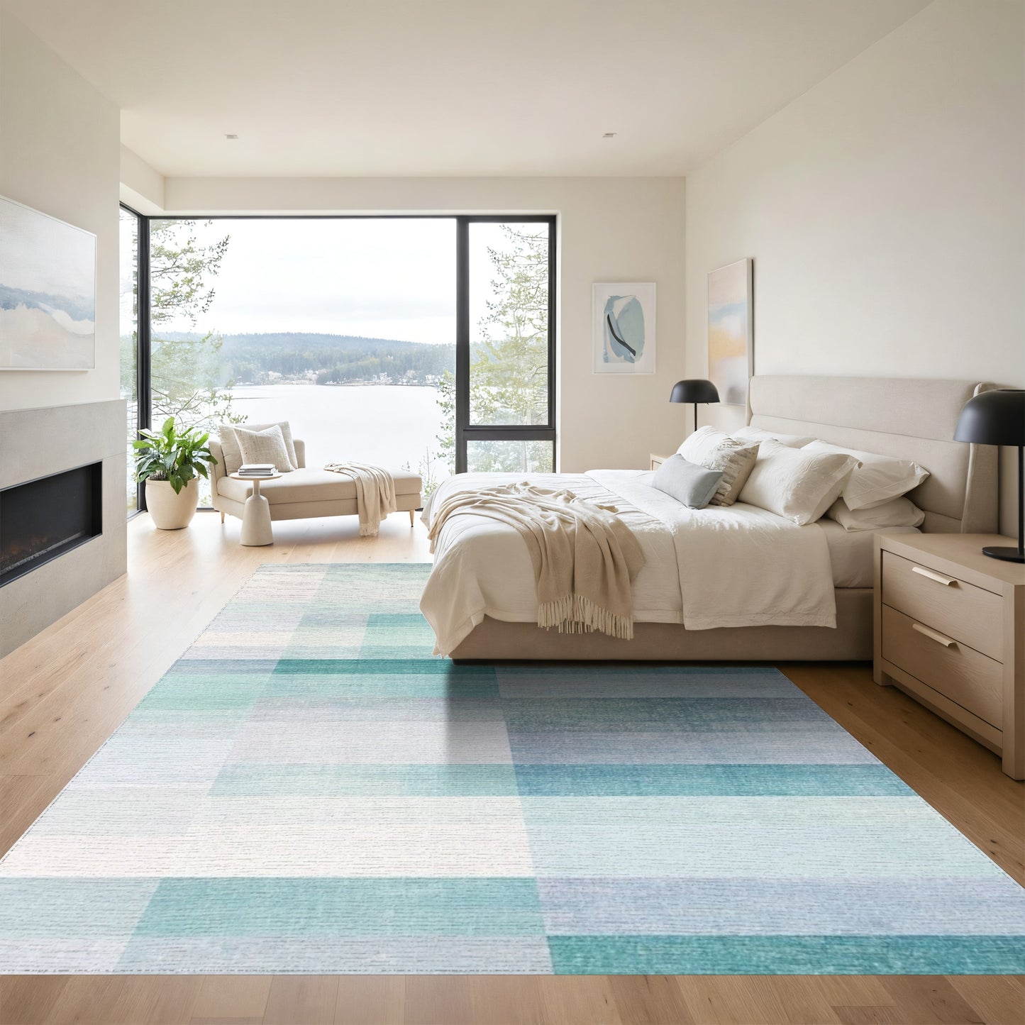 Teal Ombre Grid Rug