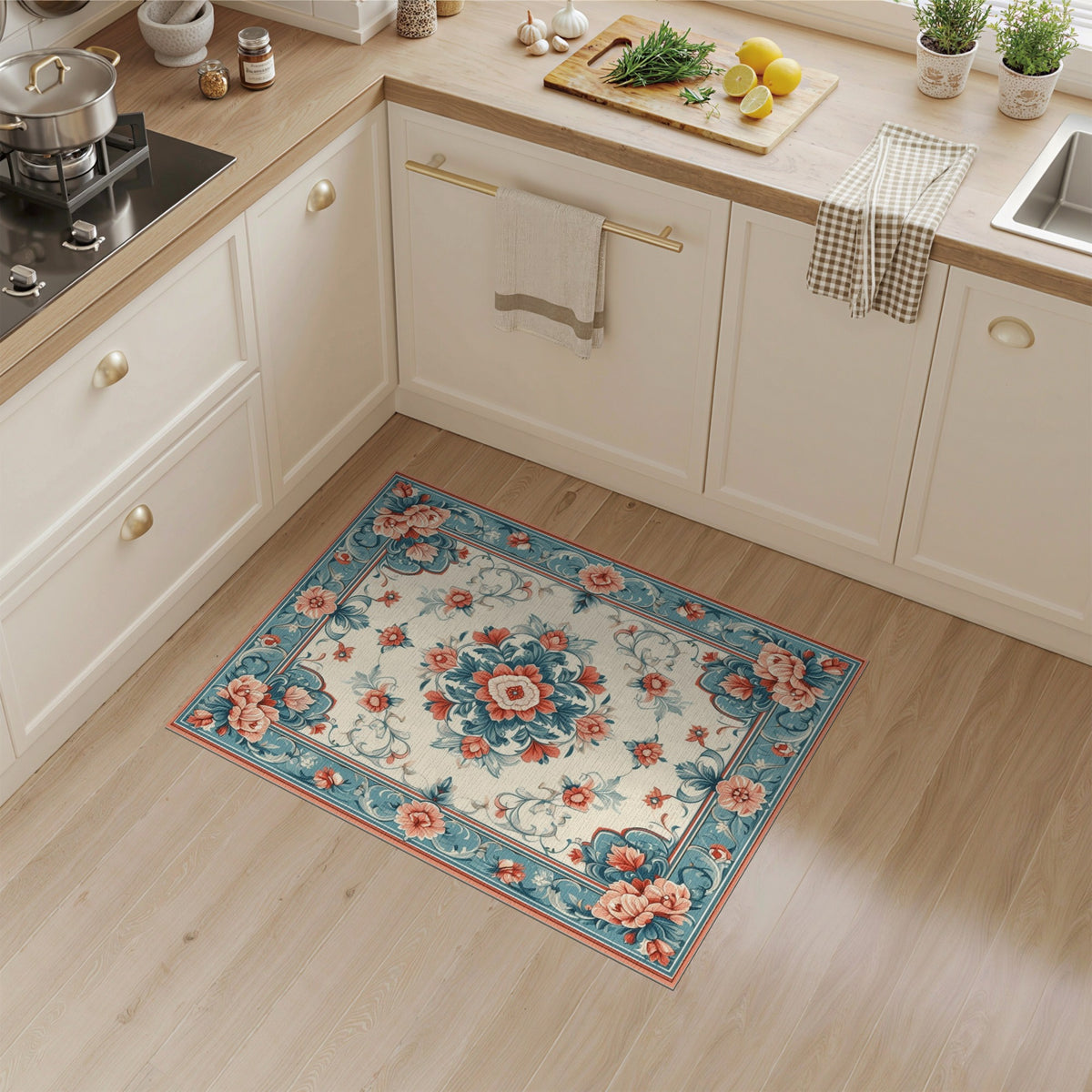 Blue Teal Floral Vintage Medallion Rug