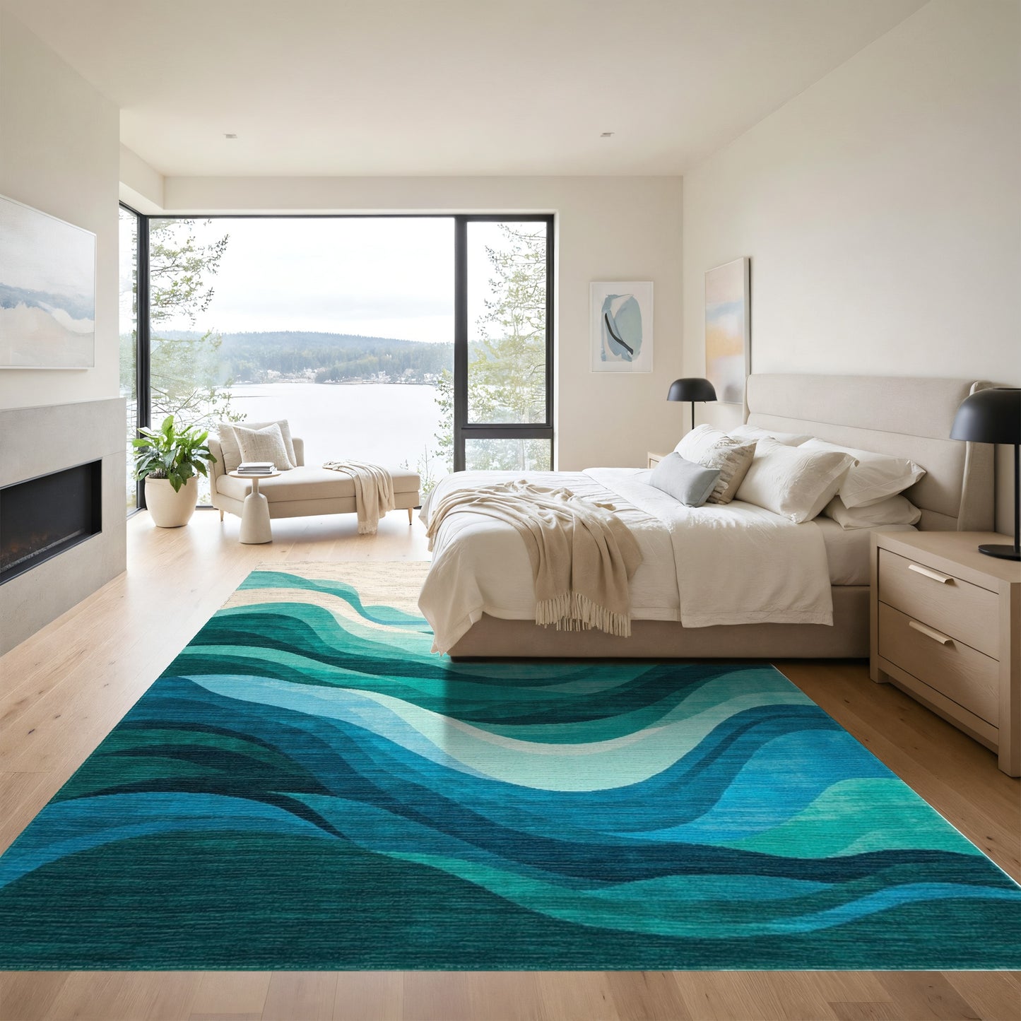 Teal Layered Abstract Waves Rug
