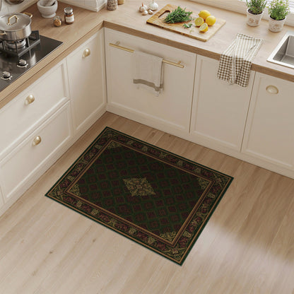 Dark Green Persian Rug with Gold Medallion Border