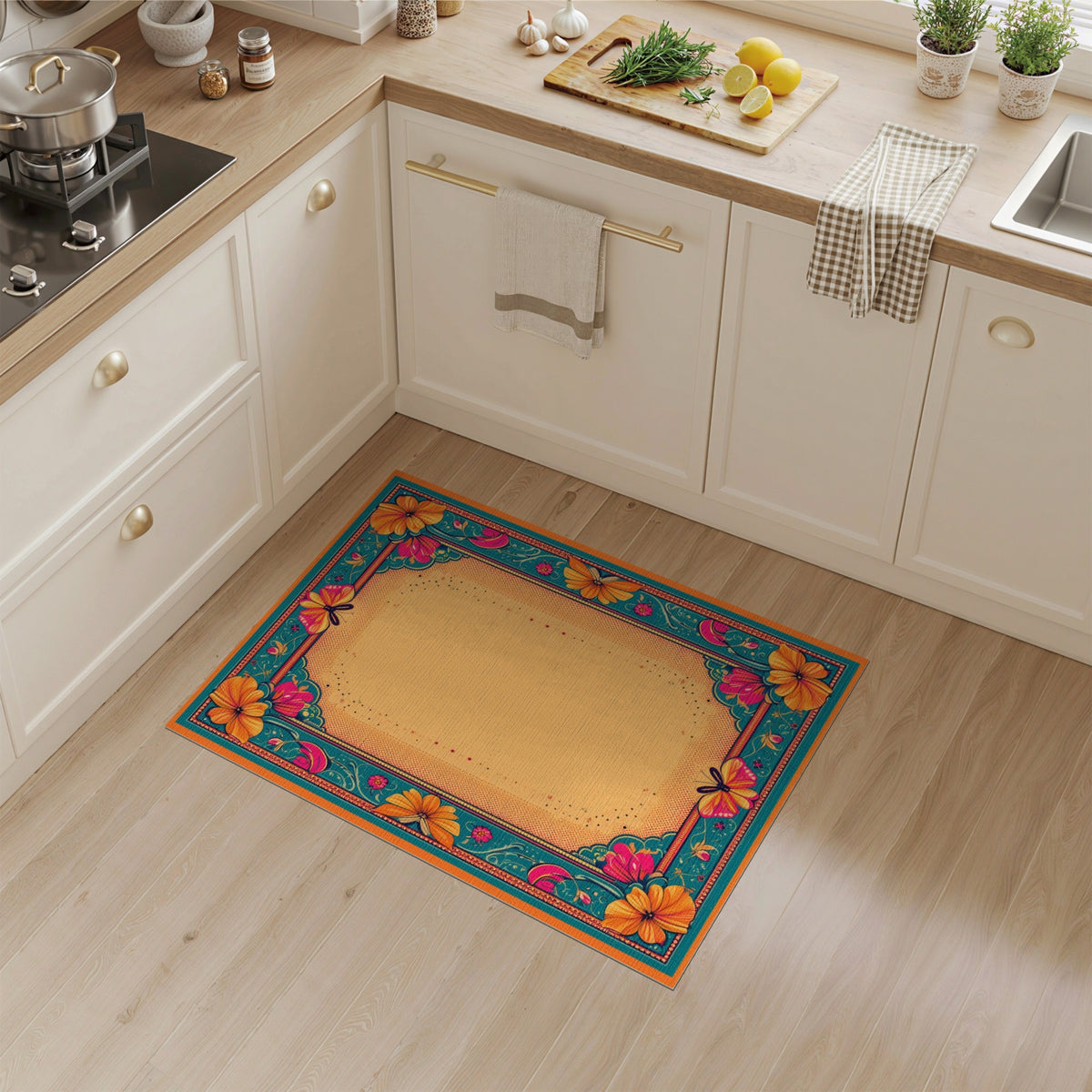 Vibrant Floral Butterfly Teal Border Area Rug