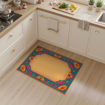Vibrant Floral Butterfly Teal Border Area Rug