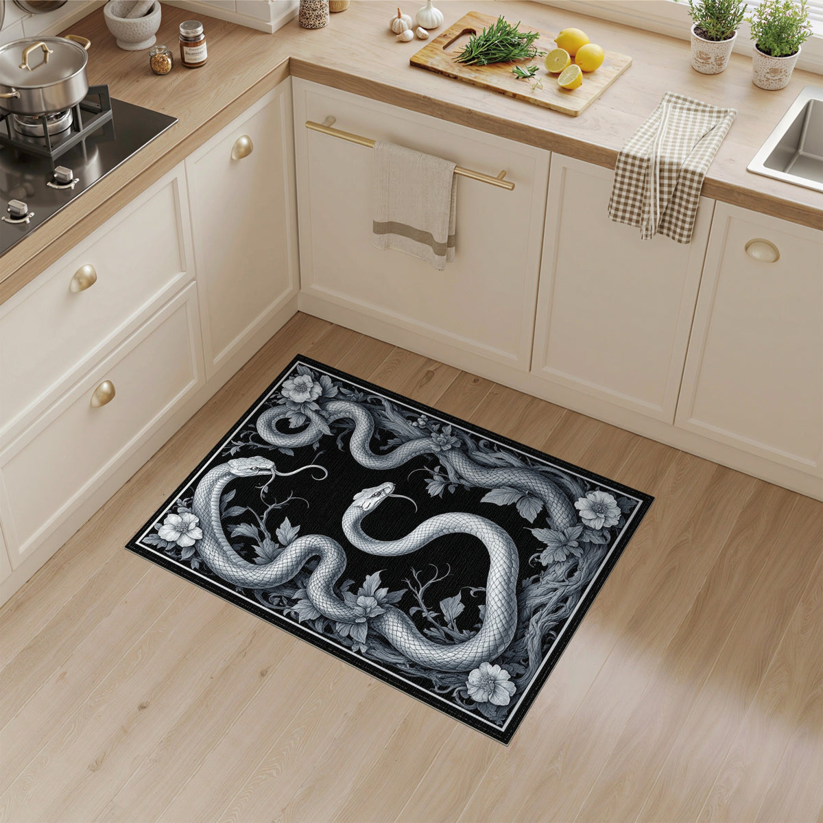 Floral Vintage Black White Serpent Floral Area Rug