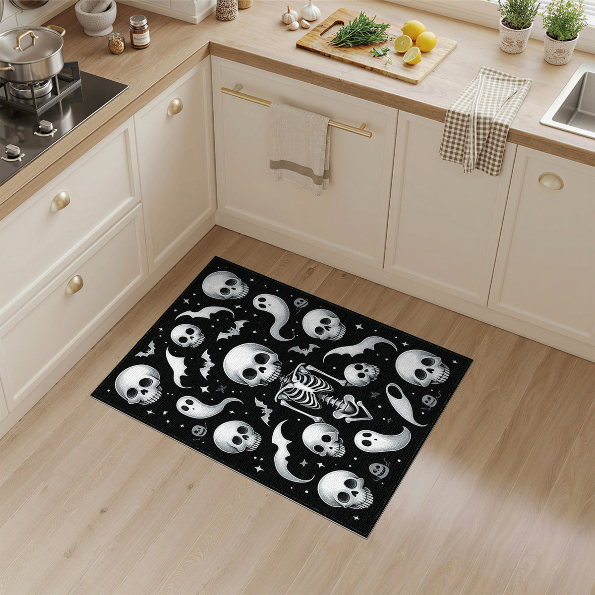 Black White Skeleton Ghost Area Rug