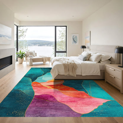 Teal Orange Gold Fluid Mountains Rug