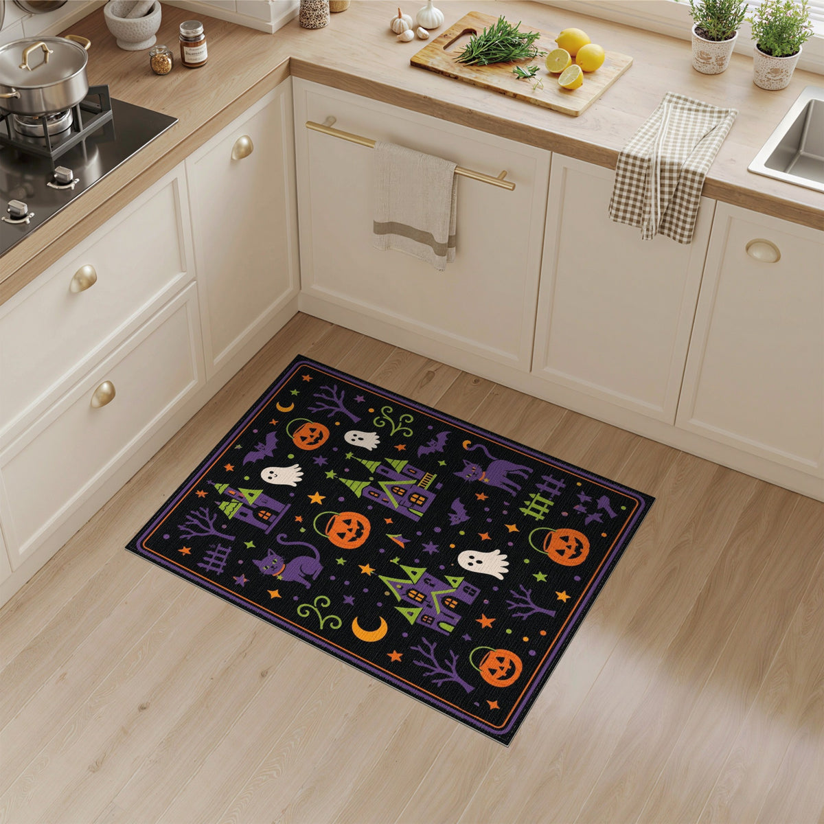 Kids Cartoon Multi-color and Patterns Spooky Halloween Cartoon Area Rug