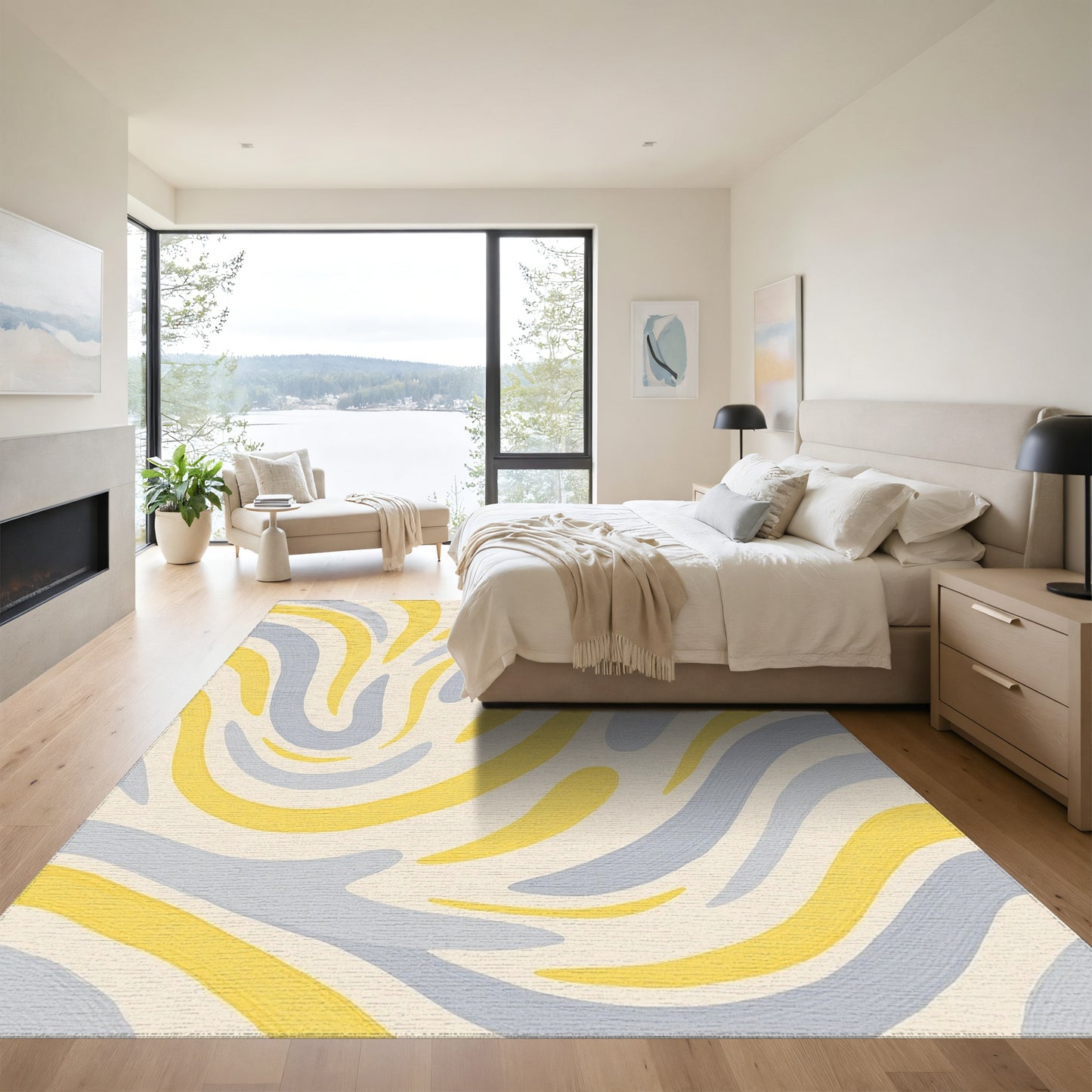 Yellow Gray Wavy Brushstroke Rug