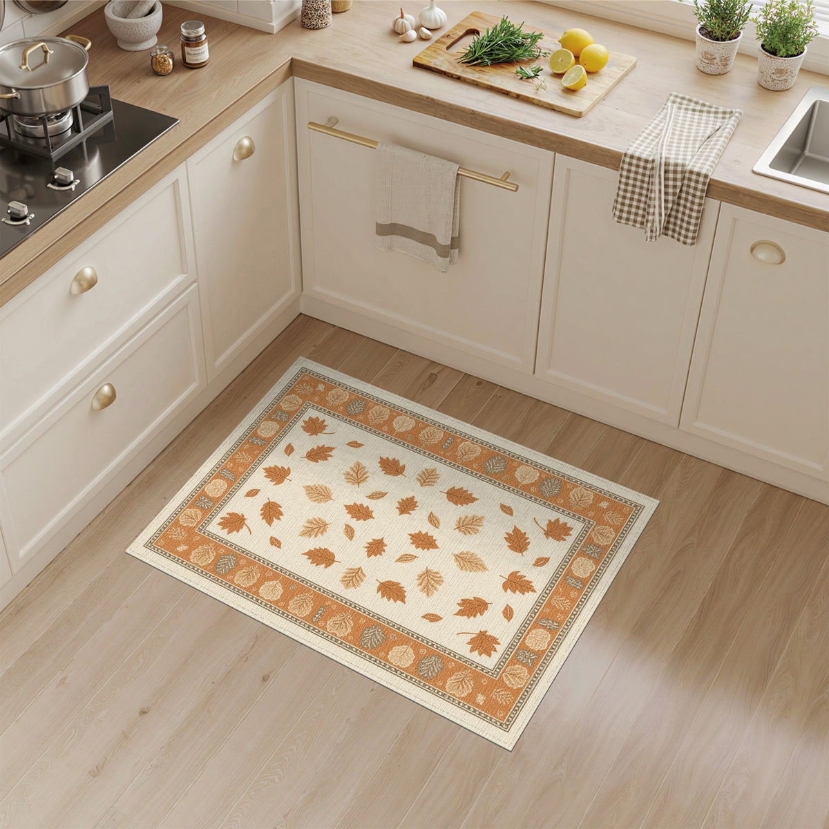 Beige Brown Leaf Border Area Rug