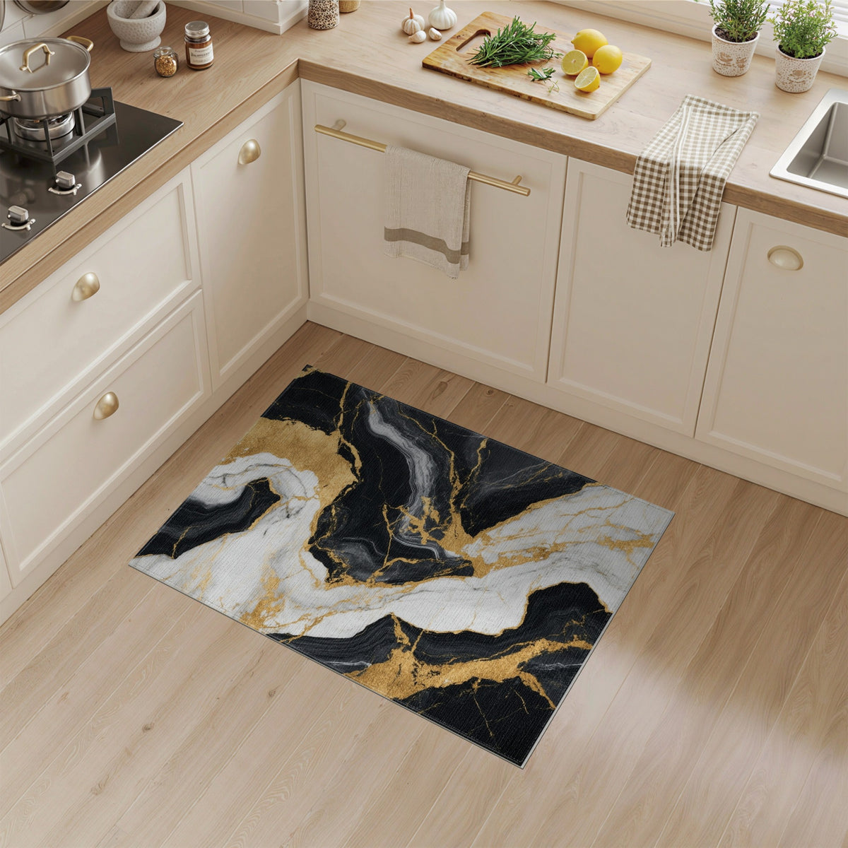 Abstract Area Black and White Black White Gold Marble Area Rug