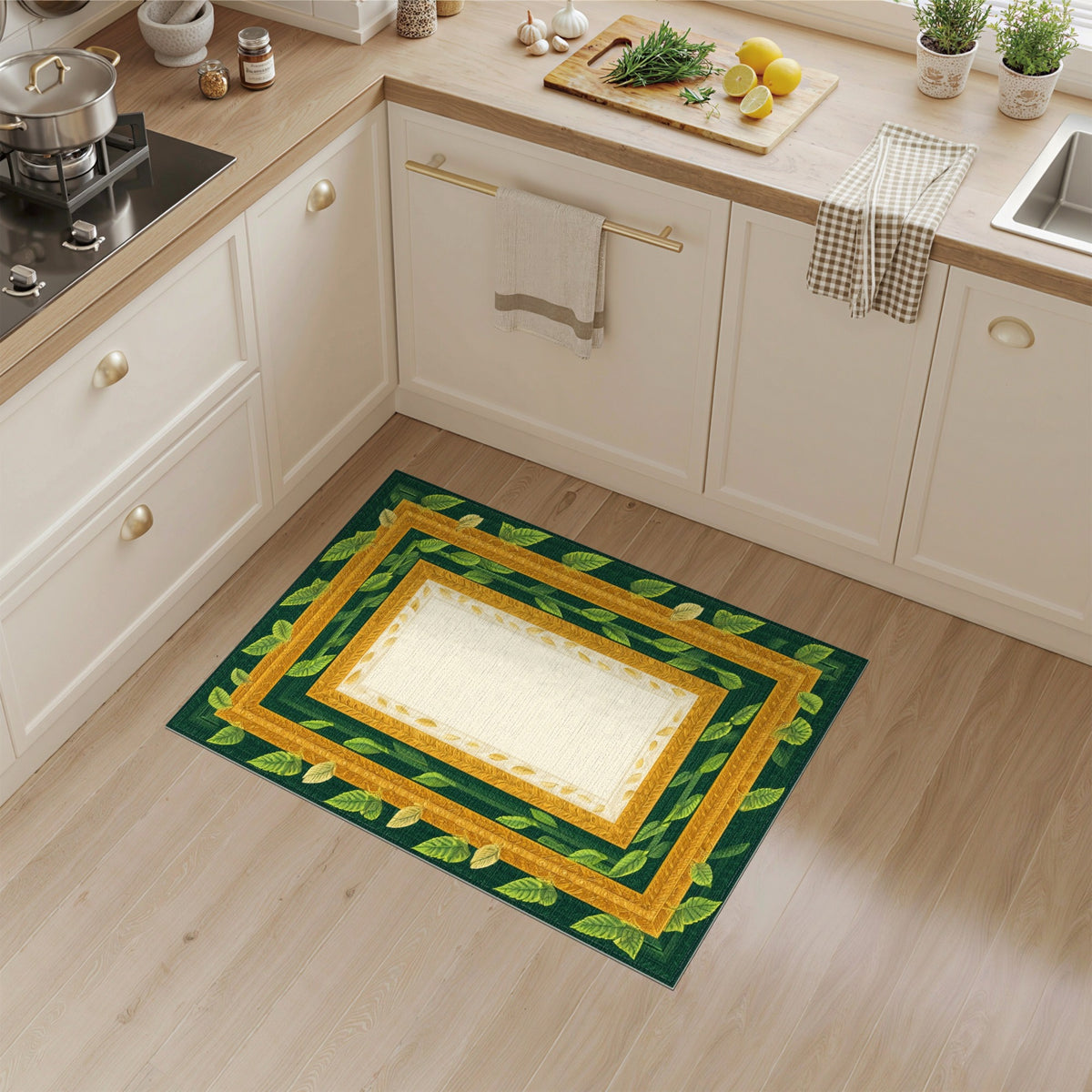 Green Gold Leaf Ornate Frame Area Rug