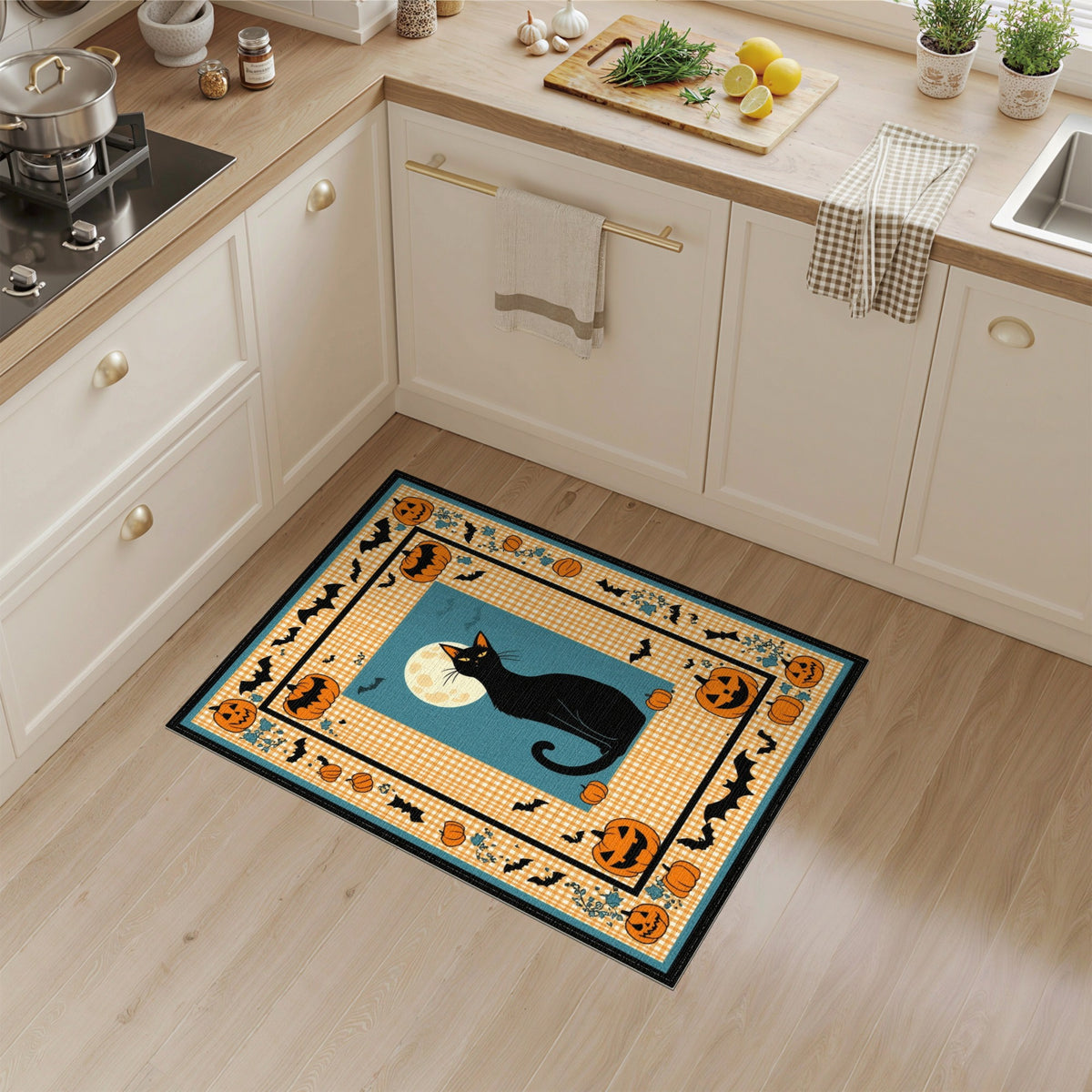 Kids Cartoon Black Cat Halloween Area Rug