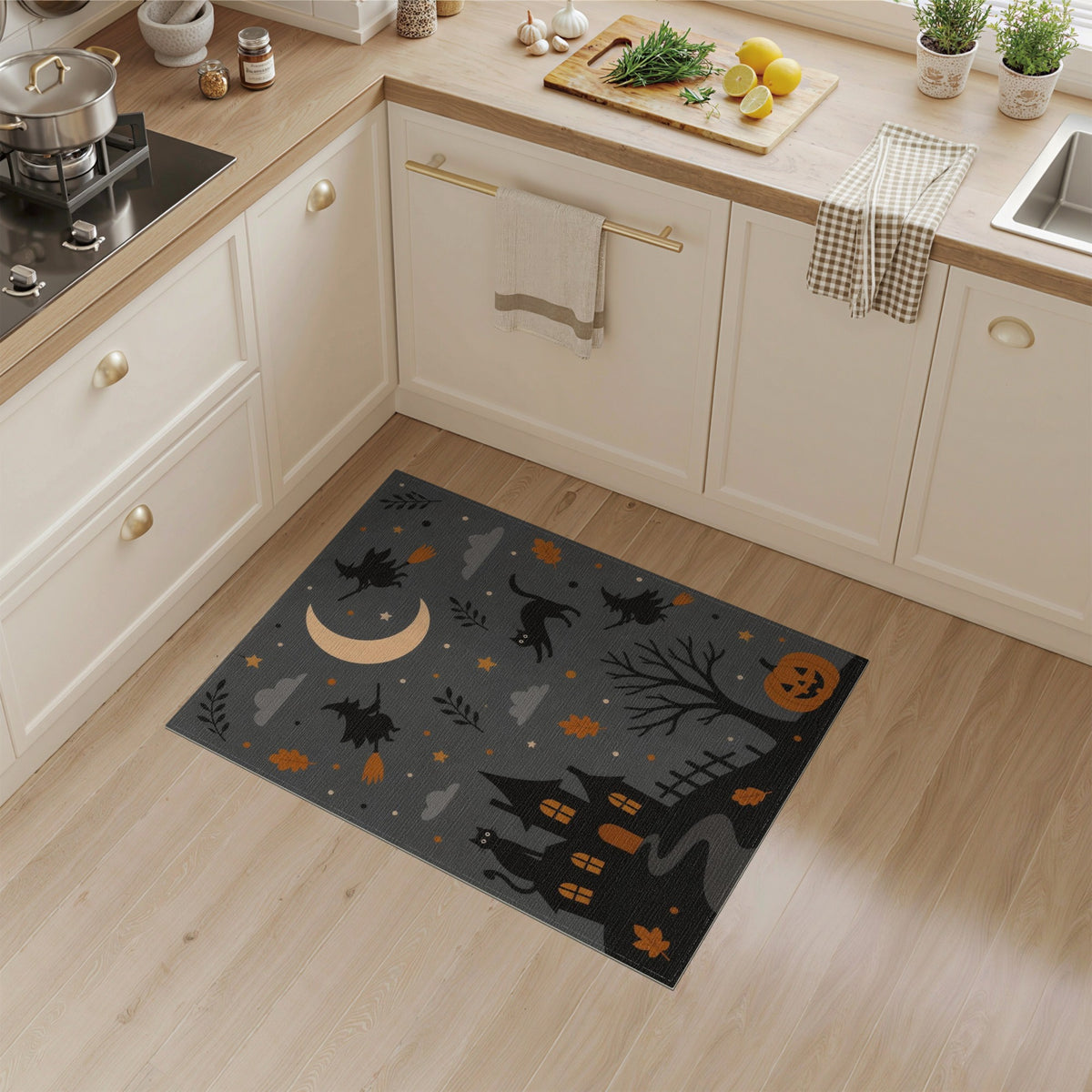 Grey Halloween Witches Cats Kids Cartoon Area Rug